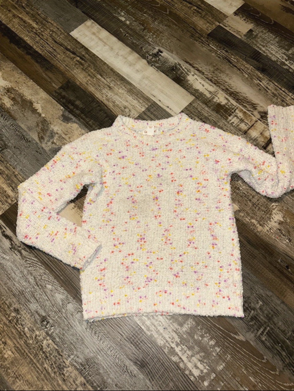 Cat & Jack White Speckled Crewneck Sweater with Pink & Yellow Dots